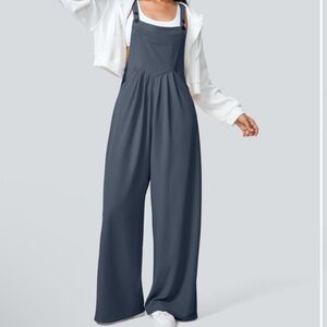 NWT Halara Adjustable Strap Button Waffle Overalls Wide Leg Grisaille Blue Large